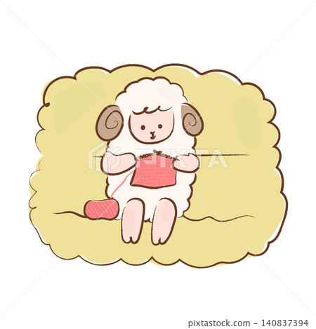 A softly drawn illustration of a sheep sitting on a sofa and knitting. A softly drawn illustration of a sheep sitting on a sofa and knitting. 140837394