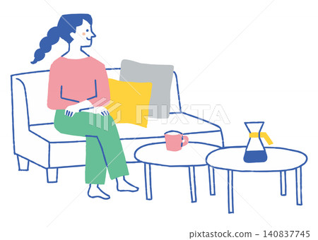 A woman relaxing on a sofa with a coffee table_color A woman relaxing on a sofa with a coffee table_color 140837745
