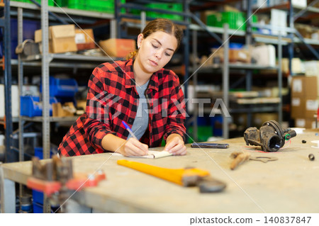 Portrait of thoughtful young woman worker checking order list Portrait of thoughtful young woman worker checking order list 140837847