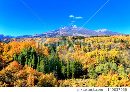 Autumn foliage of Myoko Plateau and Mount Myoko as seen from Shin'etsu Bridge Autumn foliage of Myoko Plateau and Mount Myoko as seen from Shin'etsu Bridge 140837966