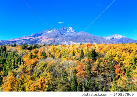 Autumn foliage of Myoko Plateau and Mount Myoko as seen from Shin'etsu Bridge Autumn foliage of Myoko Plateau and Mount Myoko as seen from Shin'etsu Bridge 140837969