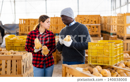 Man and woman farmers talking during stacking pumpkins Man and woman farmers talking during stacking pumpkins 140838008