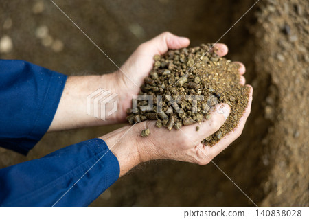 Hands of farmer holding rapeseed oil cake Hands of farmer holding rapeseed oil cake 140838028