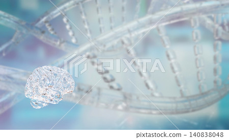 Transparent Brain with DNA Helix Technology Background 3d render. Transparent Brain with DNA Helix Technology Background 3d render. 140838048