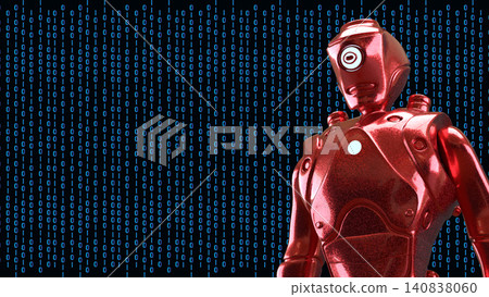 Red Humanoid Robot With Digital Binary Background 3d render. Red Humanoid Robot With Digital Binary Background 3d render. 140838060
