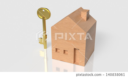 Golden Key And Wooden House For Secure Home Ownership 3d render. Golden Key And Wooden House For Secure Home Ownership 3d render. 140838061