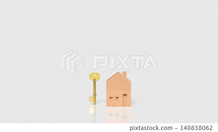 Golden Key And Wooden House For Secure Home Ownership 3d render. 140838062