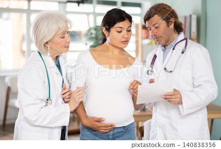 Happy pregnant woman discussing medical tests with female and male doctors 140838356