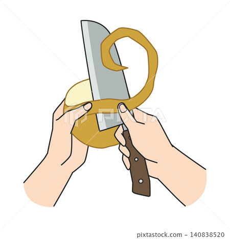 A hand peeling a pear with a knife 140838520
