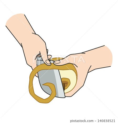 A hand peeling a pear with a knife A hand peeling a pear with a knife 140838521