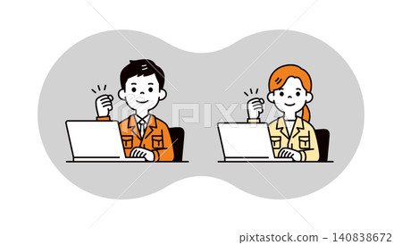 A set of vector illustrations of young male and female employees in work clothes making a victory pose in front of a computer. A set of vector illustrations of young male and female employees in work clothes making a victory pose in front of a computer. 140838672
