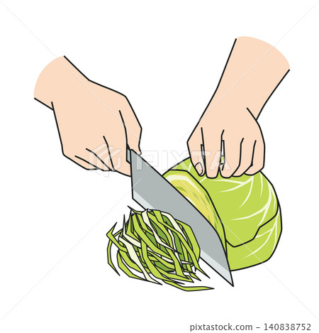 一隻手正用刀切高麗菜。 一隻手正用刀切高麗菜。 140838752
