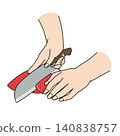 A hand cutting lean meat with a knife 140838757