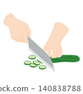 A hand cutting a cucumber with a knife 140838788