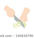 A hand cutting an onion with a knife 140838790