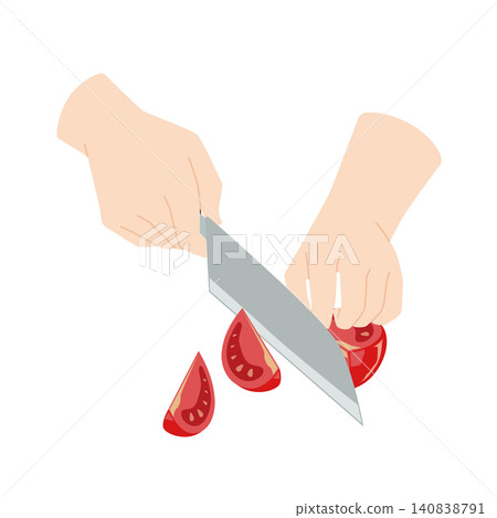 A hand cutting a tomato with a knife A hand cutting a tomato with a knife 140838791