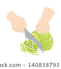 A hand cutting cabbage with a knife 140838793