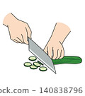 A hand cutting a cucumber with a knife 140838796