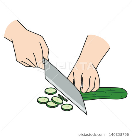 A hand cutting a cucumber with a knife A hand cutting a cucumber with a knife 140838796