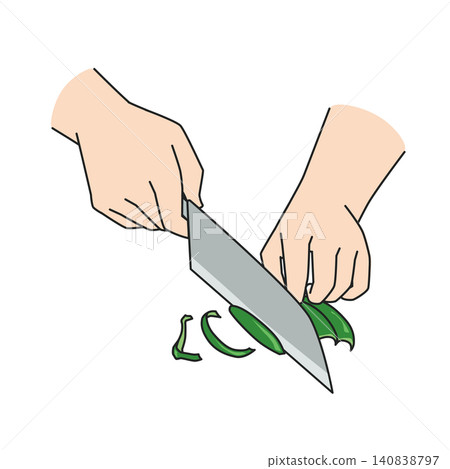 Hands cutting bell peppers with a knife Hands cutting bell peppers with a knife 140838797
