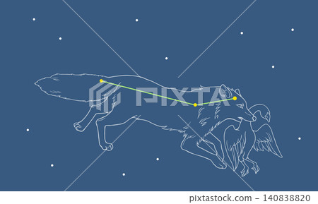 狐狸座的線條畫插圖,描繪了狐狸座漂浮在星空中的景象(白色線條勾勒出一隻狐狸,彩色線條勾勒出星座輪廓)。 狐狸座的線條畫插圖,描繪了狐狸座漂浮在星空中的景象(白色線條勾勒出一隻狐狸,彩色線條勾勒出星座輪廓)。 140838820