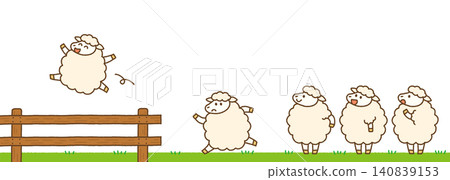 2027 Year of the Sheep New Year's Greeting Card: Sheep Jumping Over a Fence - Character Hand-Drawn Illustration 2027 Year of the Sheep New Year's Greeting Card: Sheep Jumping Over a Fence - Character Hand-Drawn Illustration 140839153