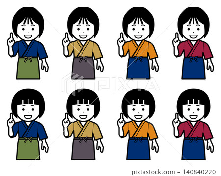一位身穿日本傳統工作服(samue)和圍裙的女性擺出「1」字手勢的圖標。 一位身穿日本傳統工作服(samue)和圍裙的女性擺出「1」字手勢的圖標。 140840220
