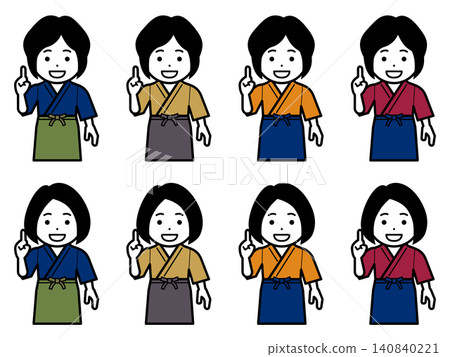 [不同髮型] 身穿三重服（日本傳統工作服）和圍裙的女性擺出數字1的姿勢的圖標。 140840221