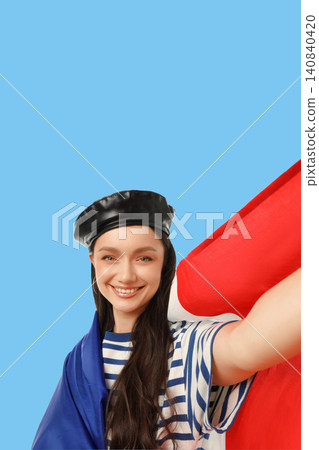 Woman waves flag passionately. Travel and adventure concept expressing joy Woman waves flag passionately. Travel and adventure concept expressing joy 140840420