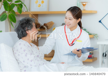Senior woman living in a nursing home and a woman in a white coat Senior woman living in a nursing home and a woman in a white coat 140840470