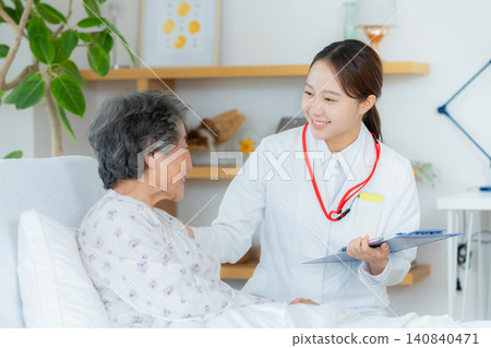 Senior woman living in a nursing home and a woman in a white coat Senior woman living in a nursing home and a woman in a white coat 140840471
