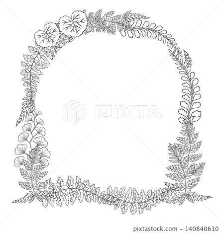 Fern leaves thin outline vector wreath. Hand drawn arch botanical frame with black foliage and copy space. Decorative template for wedding card label. Woodland nature logo for floral decoration. Fern leaves thin outline vector wreath. Hand drawn arch botanical frame with black foliage and copy space. Decorative template for wedding card label. Woodland nature logo for floral decoration. 140840610
