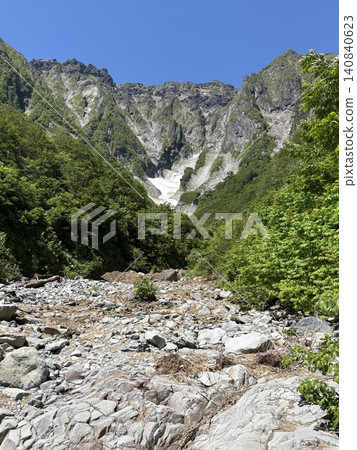 The rugged rock faces and snowfields of Tanigawadake | Tanigawadake Ichinokura with its snowfields and blue sky amidst the fresh greenery 140840623