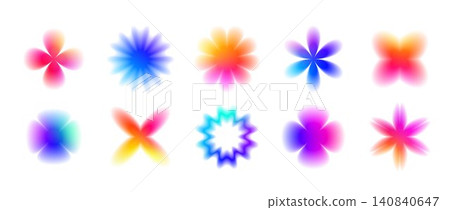 Smooth blurred gradient flowers set. Bright blur blossom shapes collection. Fading abstract bloom elements for poster, template, badge, sticker, collage. Vector iridescent gradation floral aura pack Smooth blurred gradient flowers set. Bright blur blossom shapes collection. Fading abstract bloom elements for poster, template, badge, sticker, collage. Vector iridescent gradation floral aura pack 140840647