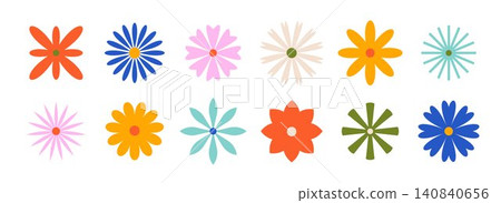 Cute flower shapes set. Abstract bloom symbol collection. Retro groovy blossom element pack for sticker, poster, banner, decoration. Vintage hippie style chamomile or daisy design. Vector illustration Cute flower shapes set. Abstract bloom symbol collection. Retro groovy blossom element pack for sticker, poster, banner, decoration. Vintage hippie style chamomile or daisy design. Vector illustration 140840656