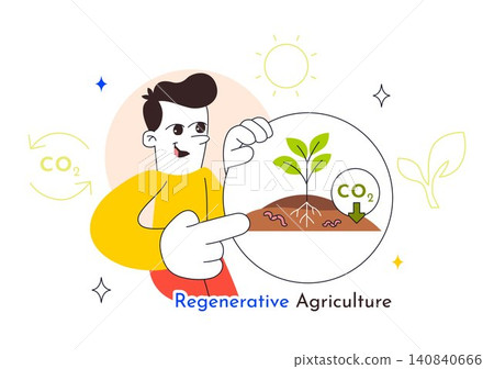 Regenerative Agriculture Illustration Featuring Sustainable Farming, Carbon Sequestration, Eco-Friendly Crops, Climate Action, and Green Agriculture 140840666