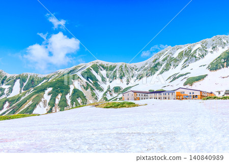 The Tateyama mountain range as seen from Murodo Plateau in early summer, Tateyama Town, Toyama Prefecture. The Tateyama mountain range as seen from Murodo Plateau in early summer, Tateyama Town, Toyama Prefecture. 140840989
