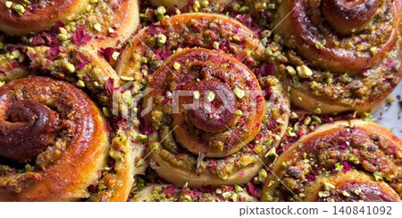 Cinnamon rolls are sweet, soft pastries swirled with a rich cinnamon and sugar filling, topped with creamy icing. Perfect for breakfast or dessert, these treats offer a warm, comforting aroma. 140841092