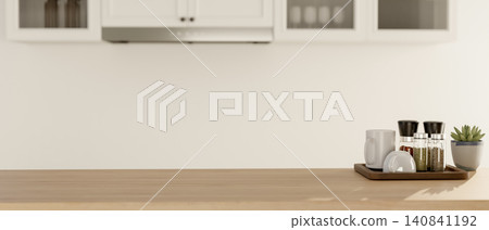 Modern kitchen countertop with coffee accessories and copy space in bright minimalist space. Modern kitchen countertop with coffee accessories and copy space in bright minimalist space. 140841192