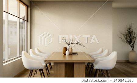 Minimalist dining room interior with wooden table and modern chairs in warm natural sunlight Minimalist dining room interior with wooden table and modern chairs in warm natural sunlight 140841193