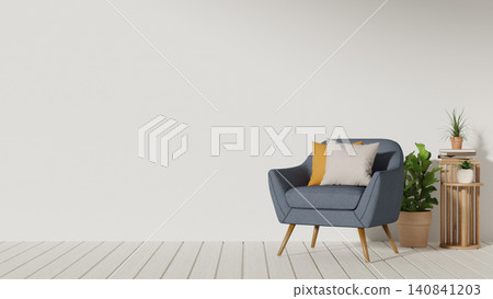Cozy corner with blue armchair and plant with side table beside white wall in a modern living room. Cozy corner with blue armchair and plant with side table beside white wall in a modern living room. 140841203
