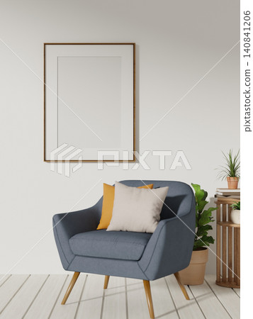 Modern armchair with blank picture frame mockup in minimalist living room Modern armchair with blank picture frame mockup in minimalist living room 140841206