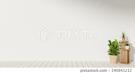 Minimal modern interior with empty beige wall, wooden floor and houseplants with copy space Minimal modern interior with empty beige wall, wooden floor and houseplants with copy space 140841212