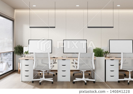Modern open office workspace with desktop computers Modern open office workspace with desktop computers 140841228