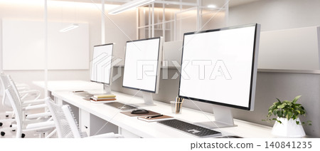 Modern Open Plan Office Workspace with Blank Desktop Computer Monitors in Bright Minimal Interior Modern Open Plan Office Workspace with Blank Desktop Computer Monitors in Bright Minimal Interior 140841235