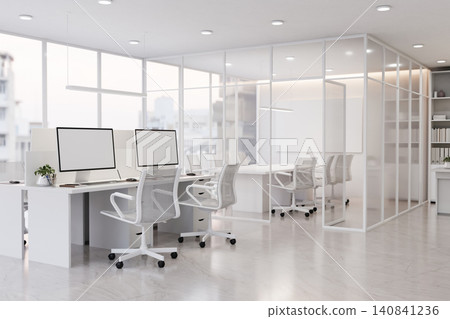 Bright Modern Office Interior with Glass Meeting Room and Minimal Workspace Design Bright Modern Office Interior with Glass Meeting Room and Minimal Workspace Design 140841236
