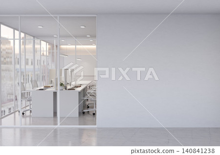Modern Office Interior with Large Blank Wall Mockup and Glass Workspace Modern Office Interior with Large Blank Wall Mockup and Glass Workspace 140841238