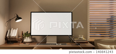 Minimal desktop computer mockup on modern home office desk Minimal desktop computer mockup on modern home office desk 140841243