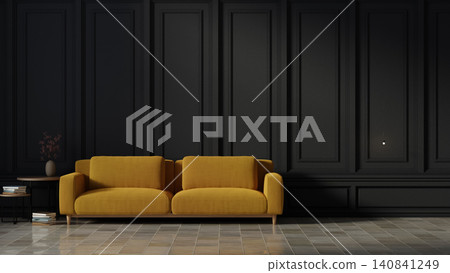 Modern living room with mustard yellow sofa against elegant black wall Modern living room with mustard yellow sofa against elegant black wall 140841249