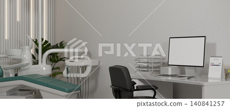 Modern Dental Clinic Workspace with Computer Desk and Treatment Chair Modern Dental Clinic Workspace with Computer Desk and Treatment Chair 140841257